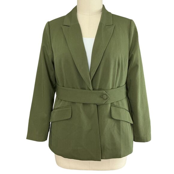 Eloquii Blazer Jacket sz 18 Army Green Belt Detail Peak Lapel Office Preppy NWT - Picture 2 of 12